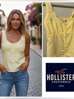 Hollister Pale Yellow Linen-Blend Button Front Cami